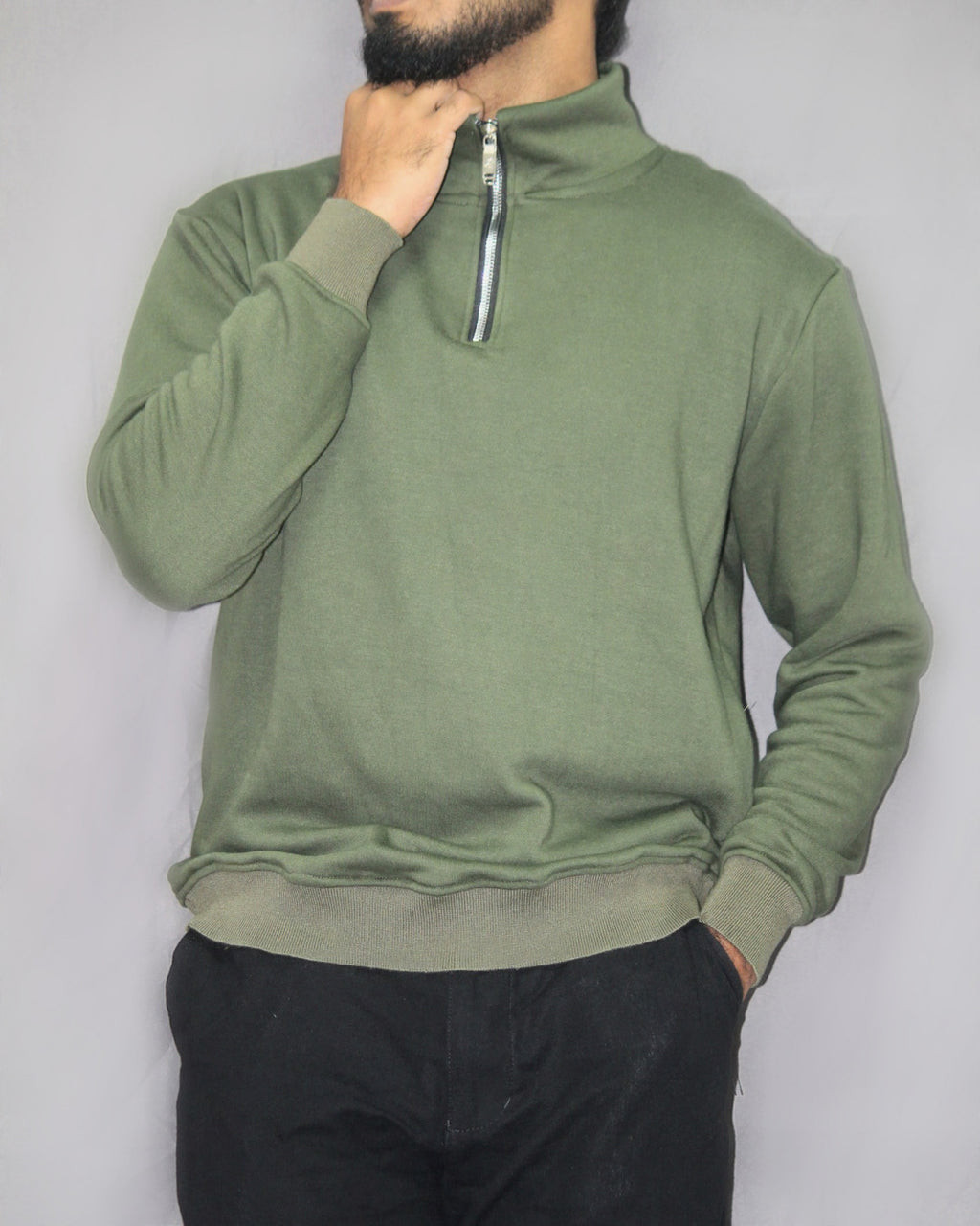Funnel neck Sweatshirt- Olive Green [Men's]