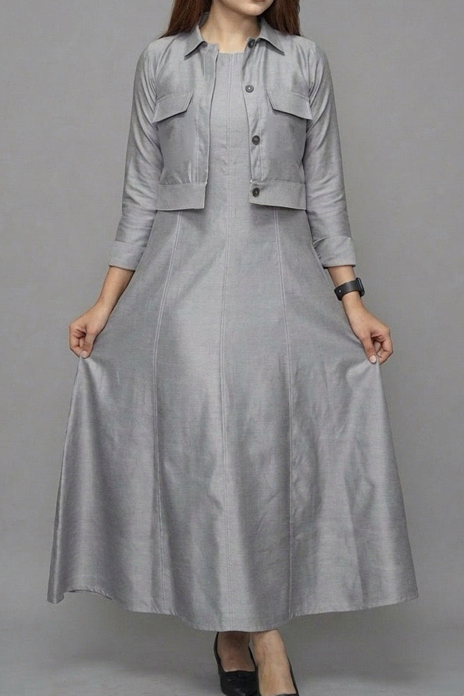 2 PCS SET-CROP SHIRT AND SLEEVELESS DRESS- IRON GREY [WOMEN'S]