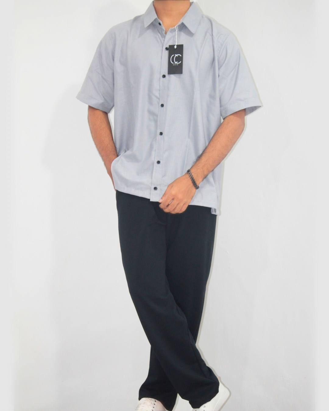 Loose Fit Shirt-Light Grey [Shot sleeve] [Men's]
