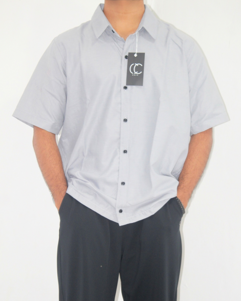 Loose Fit Shirt-Light Grey [Shot sleeve] [Men's]